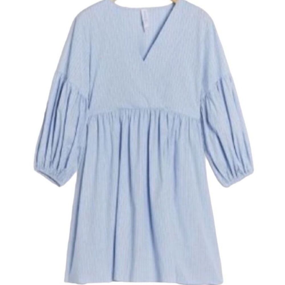 Anthropologie Ambra Tunic Dress by Amadi Light Blue Pinstripes Loose Fit Puff Sl